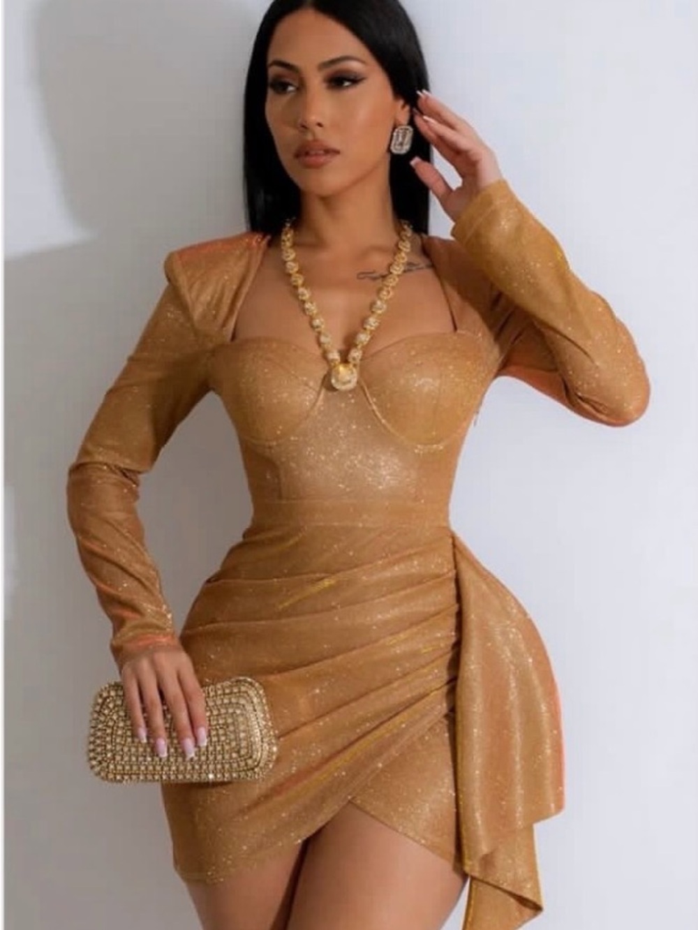 Gold Shimmer Long-Sleeve Draped Mini Dress by